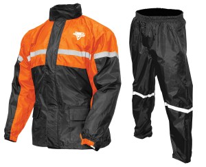 Photo showing Stormrider rainsuit in Black/Orange on white background